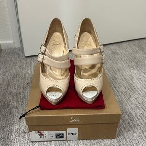 Christian Louboutin Beige Double-Strap Peep-Toe Heels